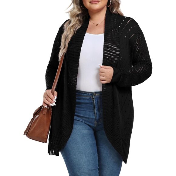 Sweaters - Plus Size Crochet Cardigan Women Lightweight Open Front Knit Casual